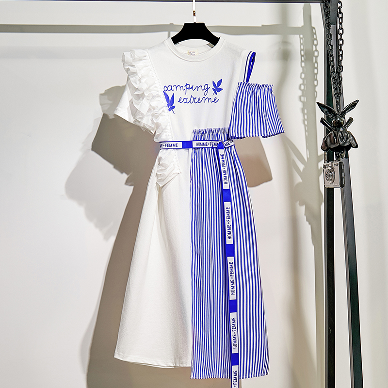 Summer Fashion Women Ruffles Cold Shoulder Letter Print Irregular Dress Streetwear Casual Striped Patchwork Mid Shirt Dress T200117