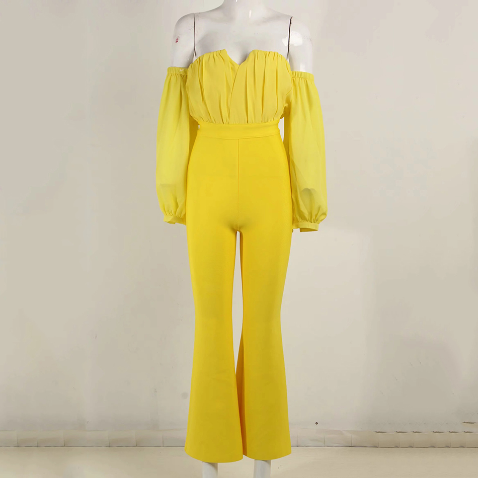 Ailigou New Women Party Club Yellow Sexy Off Shoulder Chiffon Long Sleeve Strapless Full Length Bandage Bodycon Jumpsuits T200509