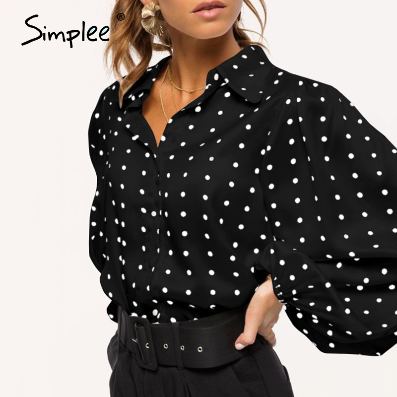 Simplee Fashion dot loose women's top Bubble Sleeve Chiffon Long Sleeve Shirt High street style Lapel top autumn winter 201126