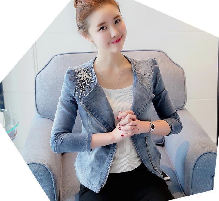 Women Denim Jackets Casual Slim Pearl Bead zipper Jeans Coat Female 201126