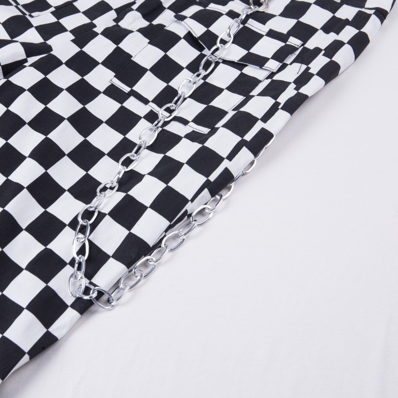 Vangull Women Checkerboard Plaid Joggers Pants Fashion Hip Hop High Waist Loose Pants Pantalon with Chain Female Plaid Trousers 201106