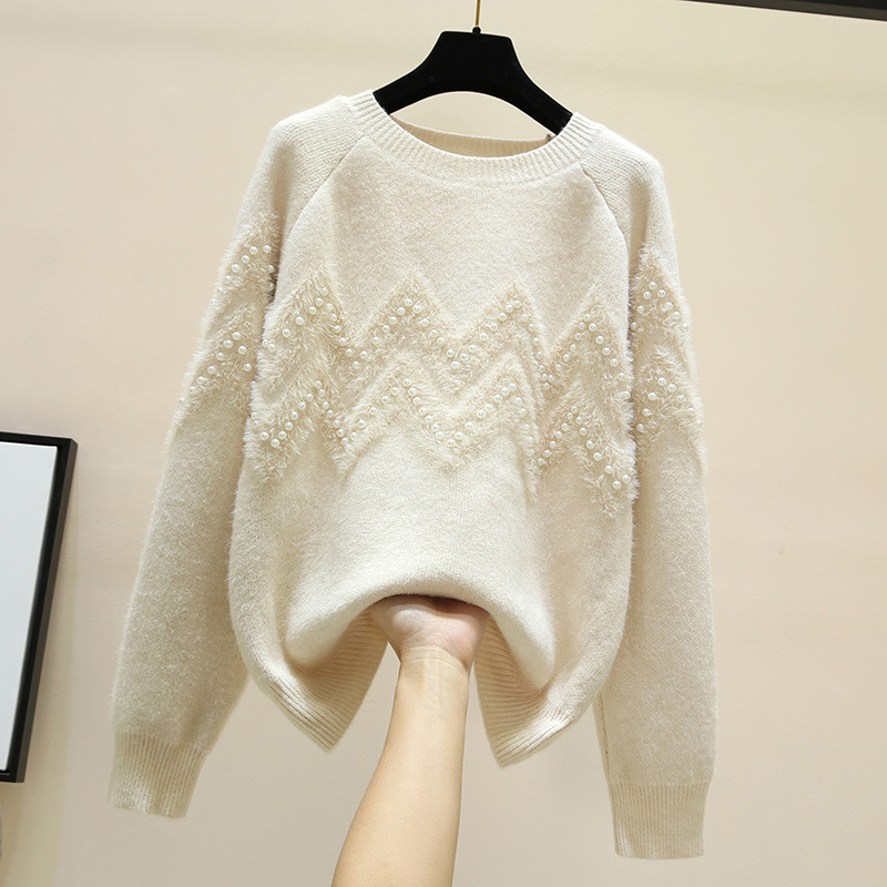 SURMIITRO Pearl Beading Knitted Sweater Women Autumn Winter Korean Long Sleeve Jumper Pullover Female Pink Loose Knitwear 201225