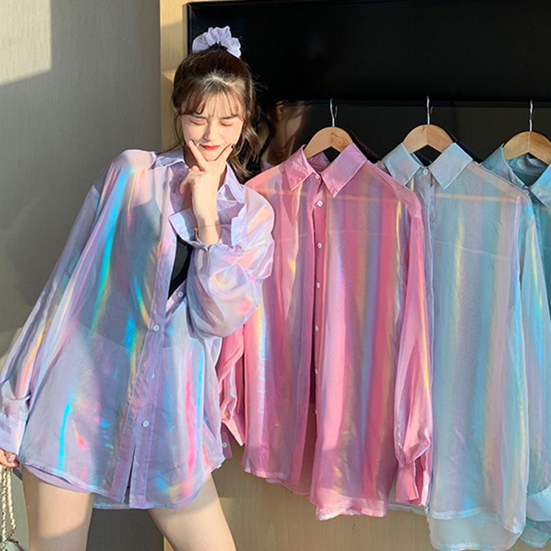 Perspective Women Reflecting Blouses Glossy Shirts Shinning Thin Loose Laser Chiffon Single-breasted Cardigan Long Sleeve Tops, White
Perspective Women Reflecting Blouses Glossy Shirts Shinning Thin Loose Laser Chiffon Single-breasted Cardigan Long Sleeve Tops, White