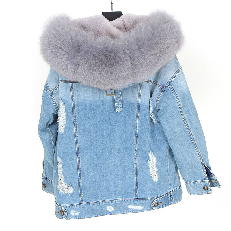 Maomaokong natural fox fur big fur collar Jacket jacket denim Loose fashion fur Removable lining Park leather coat women's cloth 201217