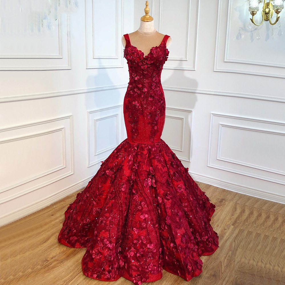 Wine Red Sexy Wedding Dress Custom Made Sleeveless 3D Flowers Mermaid Lace Applique Pearls Bride Bridal Gown