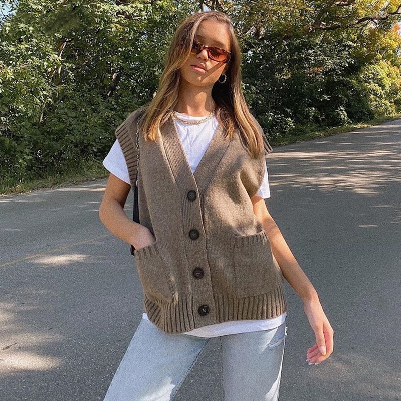 V Neck Sleeveless Vest Sweater Women Button Pockets Loose Jumper Knitted Casual Autumn Winter New Oversized Cardigans Tops 201128