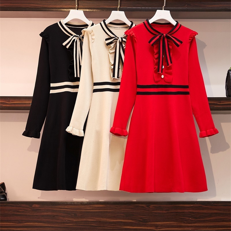 Elegant Long Sleeve Ruffles Knitted Dress Women Bow Collar Striped A-Line Dress Female Autumn Winter Short Sweater Dress 201110