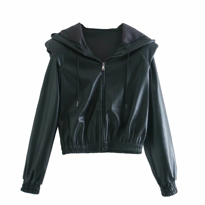 Women Shoulder Pads PU Leather Hoodie Short Coat Female Long Sleeve Outerwear Casual Lady Loose Tops C992 201029