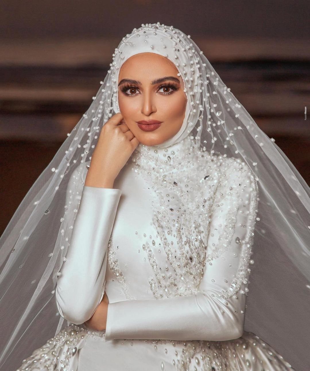 Gorgeous Pearl Mermaid Mulim Wedding Dree With Detachable Train Eaded High Neck Long Sleeve Ridal Gown Satin Robe De