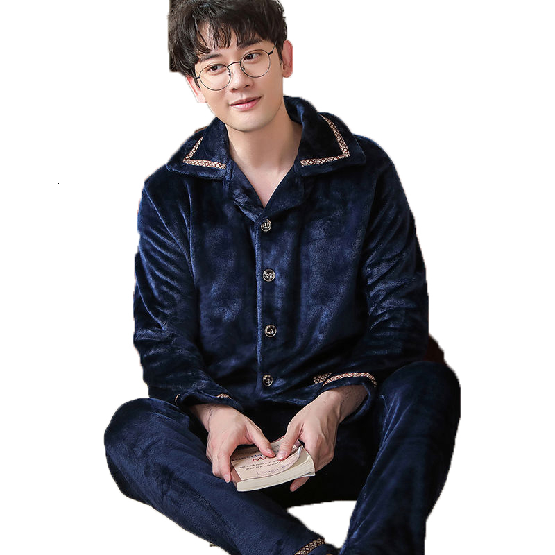 Warm Sleepwear Men's Flannel Winter Thick Pajama Male Thick Long Sleeve Pijama Casual Autumn Pyjamas Men Coral Fleece Sleep XXXL 201111