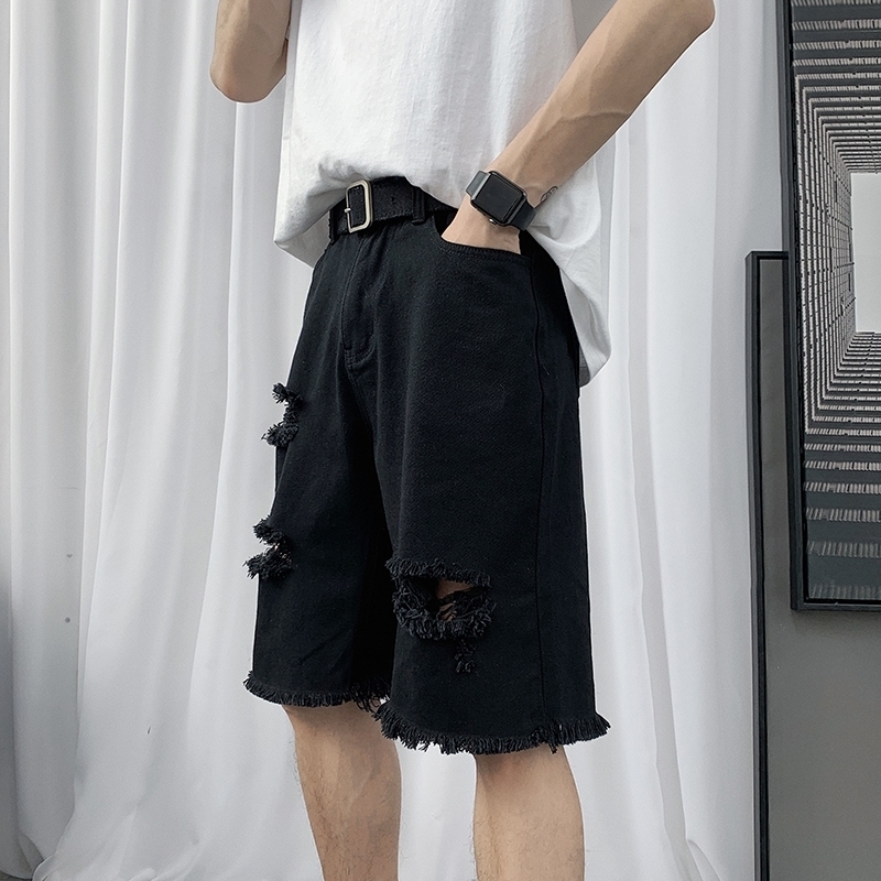 Men's Summer Denim Shorts Men's Fashion Casual Loose Short Jeans High Street Solid Color Hole Denim Shorts 201120