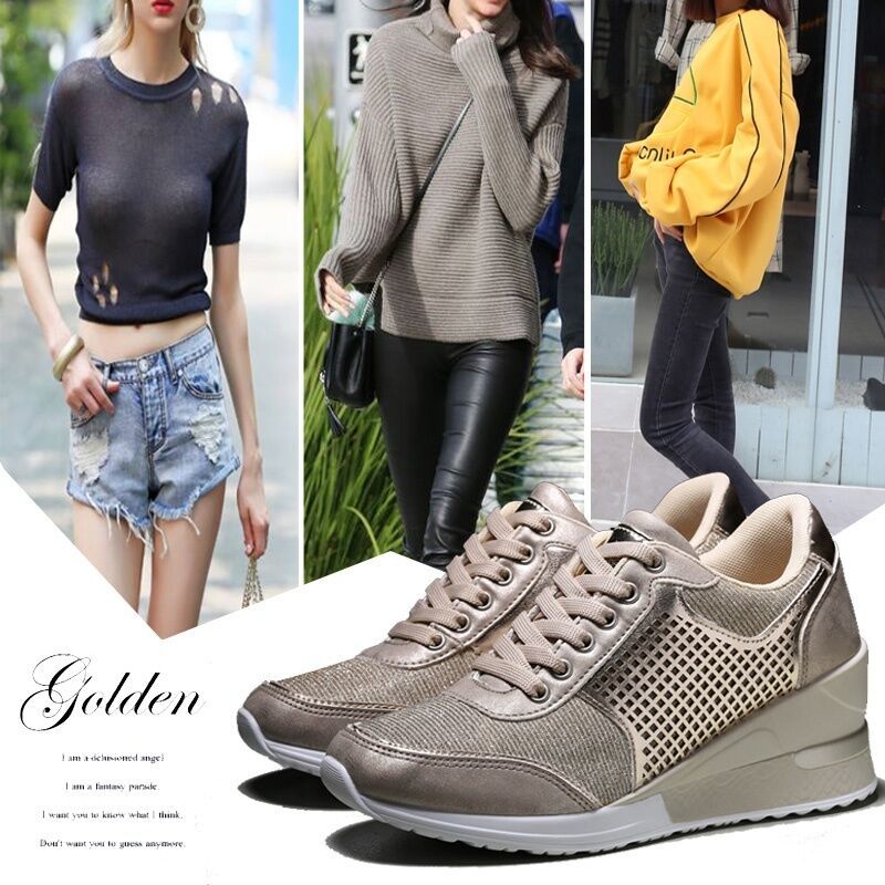 Women Height Increase Wedge Shoes Big Size 35-43 Walking Sneakers Black Gold Sport Shoes Ladies Chunky Platform Sneakers 201218