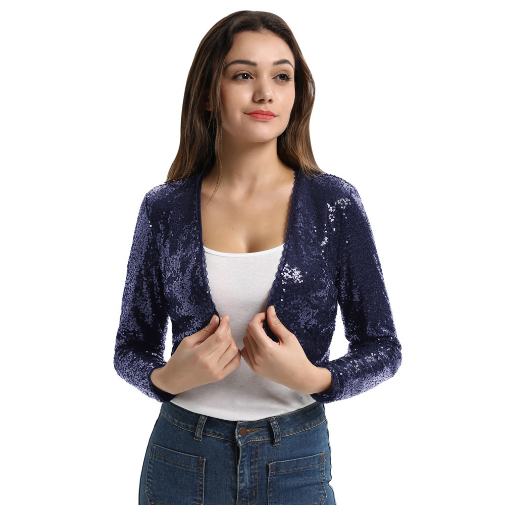lolita Shining Sequined Ladies Cropped Length Coat Long Sleeve Open Front Bolero Shrug classic Black Silver party Women's jacket T200111