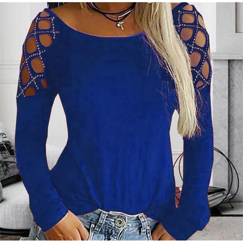 Women Tops And Blouses Plus Size Female Clothing Fashion Casual Crew Neck Hollow-Out Studded Women Long Sleeve Shirt 201126