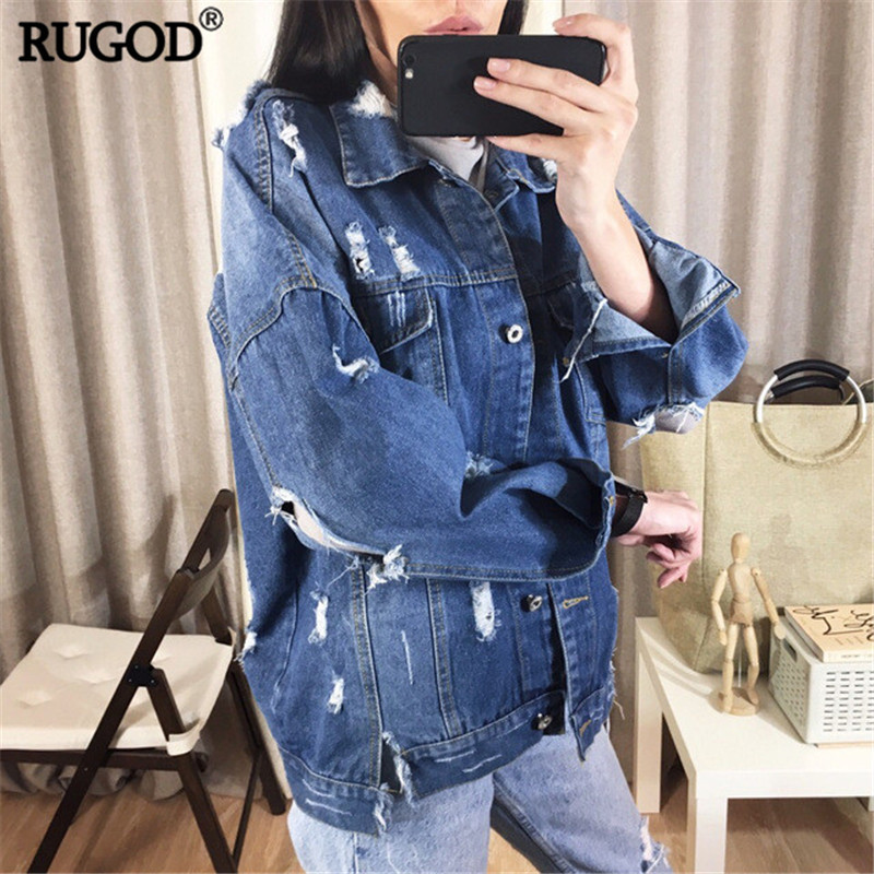 RUGOD Basic Coat Bombers Vintage Fabric Patchwork Denim Jacket Women Cowboy Jeans Autumn Frayed Ripped Hole Jean Jacket 201106