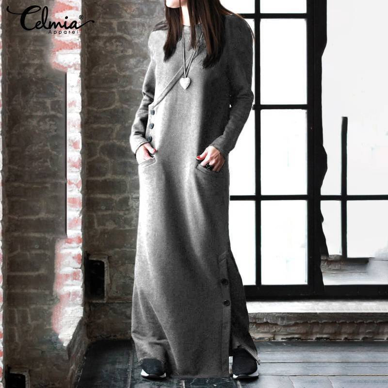 Women Sweatshirt Dress Autumn Winter Fleece Maxi Long Dress Casual Pullovers Long Sleeve Button Basic Vestidos 201008