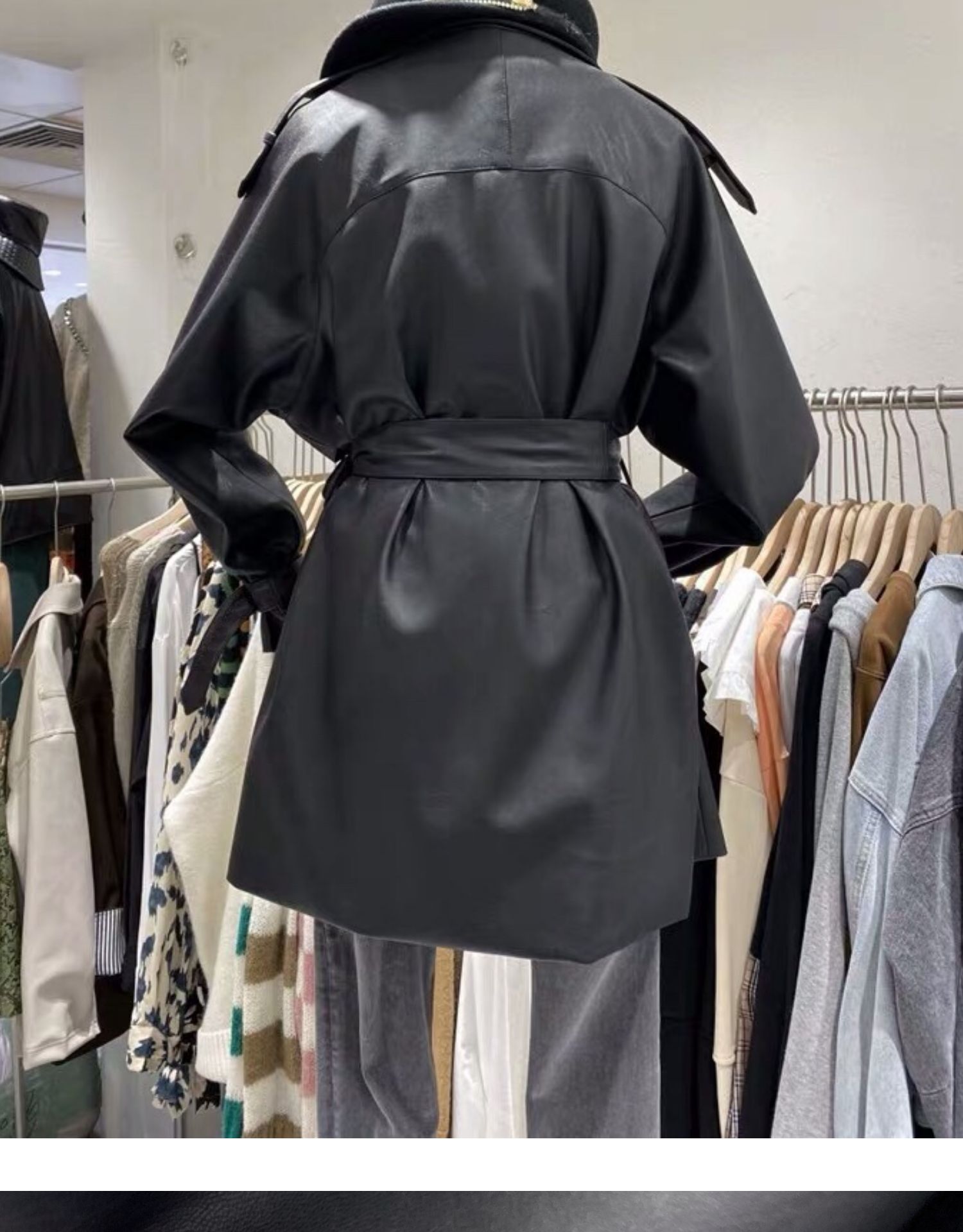 New womens cool fashion turn down collar loose retro sashes PU leather medium long coat casacos