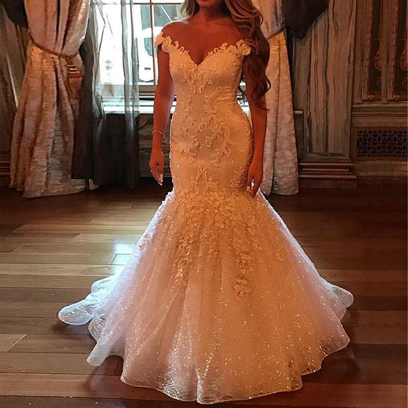 Shiny Mermaid Lace Dresses Bridal Gowns Bride Off Shoulder vestidos de noiva Plus Size Long Bg Sequins Trumpet Wedding Dress