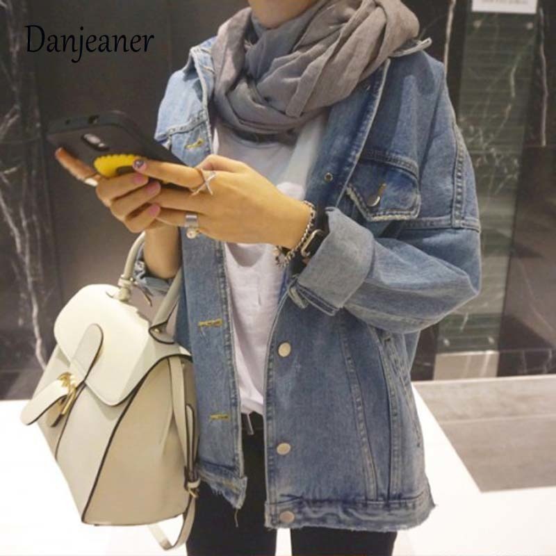 Danjeaner BF Wind Loose Large Size Denim Jacket Female Turn Down Collar Coat Casual Jean Jackets Frayed Pattern Basic Coat T200111