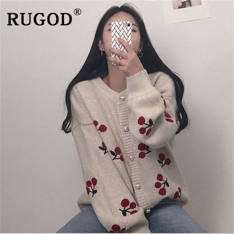 RUGOD Elegant pearl beading knitted cardigan women Fashion singlebreasted cherry printed loose cardigan Korean oversized coat T200113