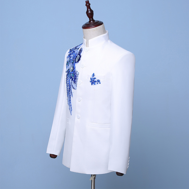 Autumn Chinese Style White Stand Collar Two-Piece Men's Jacket Suits Blue Sequin groom suit Costumes(Jacket+Pants) 201105