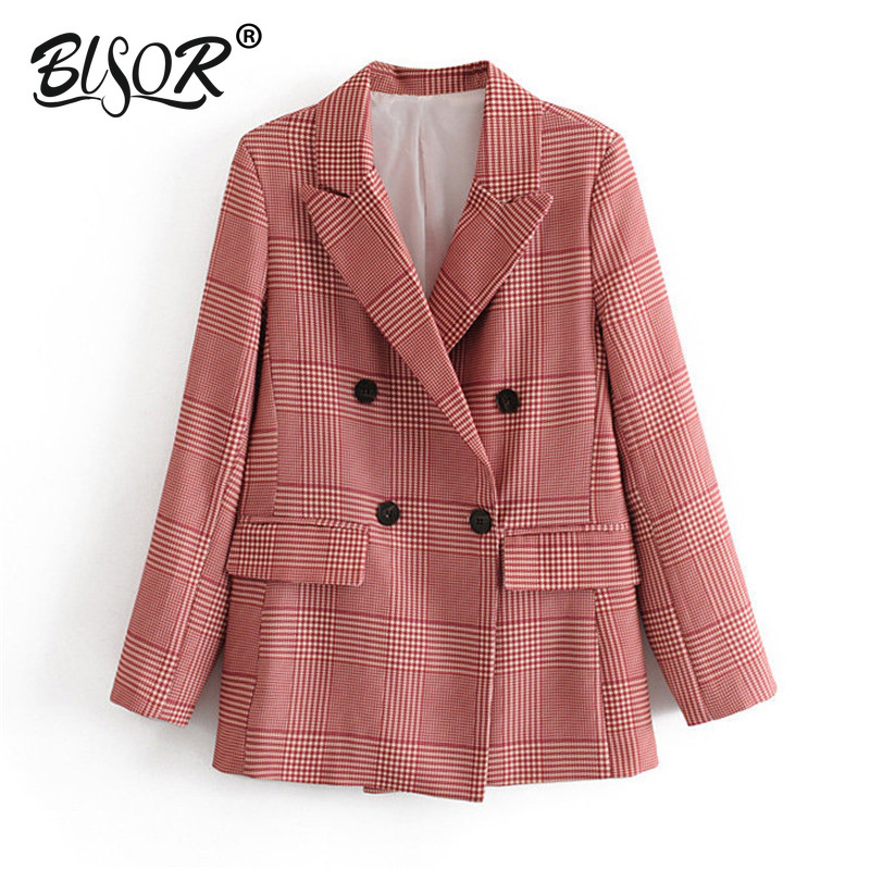 Women elegant houndstooth plaid Suit blazer Notched Collar long sleeve pockets red coat female office wear fashion tops 201102