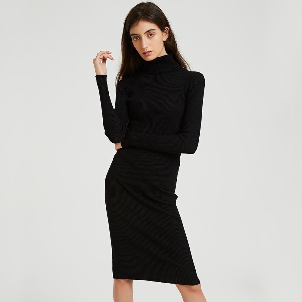 Wixra Autumn Winter Turtleneck Knee-Length Solid Sweater Dress Women Knit Long Sleeve Women's Slim Midi Dresses Bodycon 201008