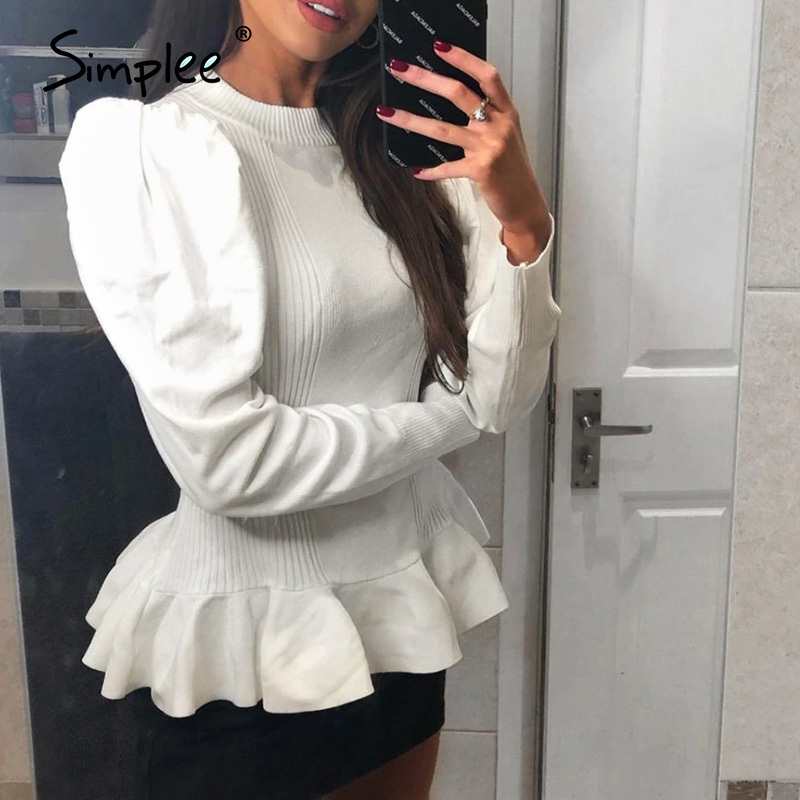 Simple elegant women's round neck solid white Long Sleeve Pullover Sweater Autumn winter female sweater ladies leisure jumper 201023