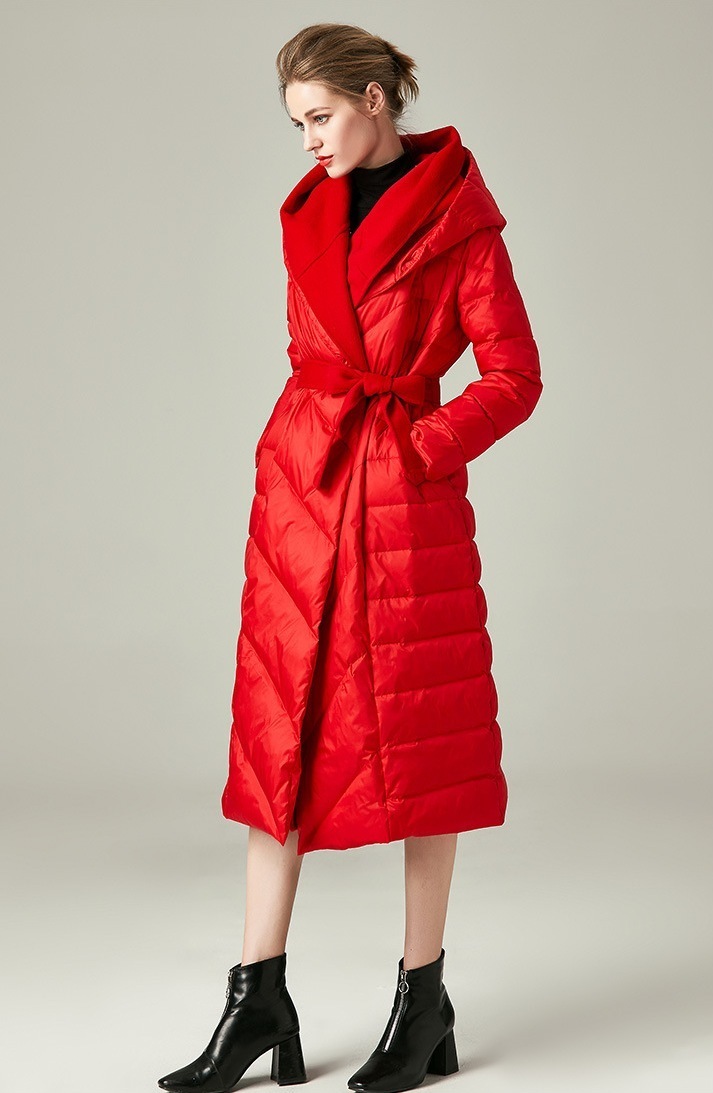 Obrix Female Duck Down Filler Warm Jacket Hooded Knee Length Cashmere Full Sleeve Coat Belt Winter Parka For Women 201017