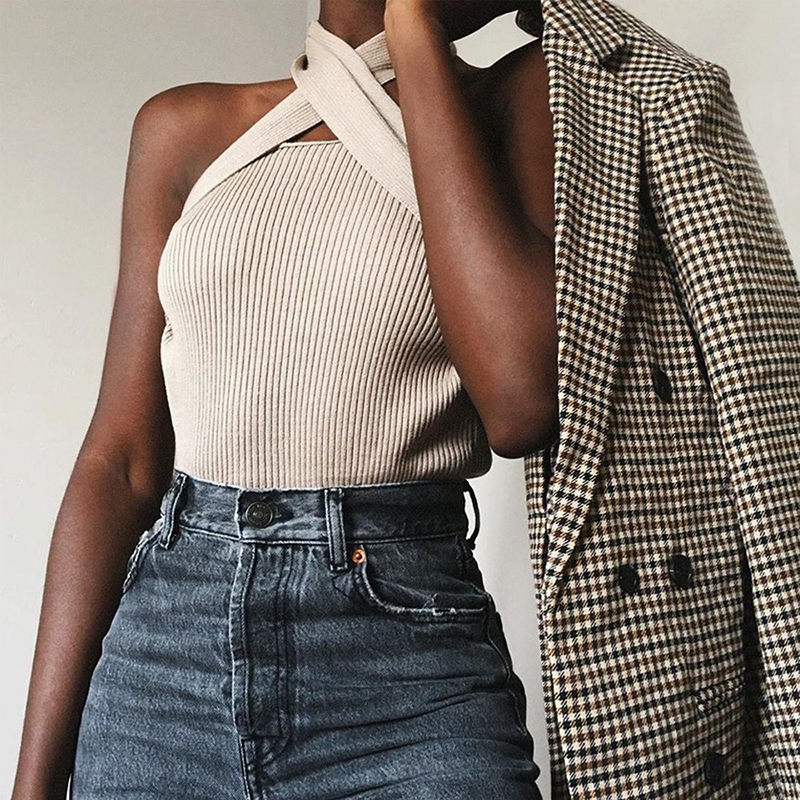 TWOTWINSTYLE Elegant Sleeveless Sexy Women Sweater Halter Off Shoulder Slim Knitted Tops Female Fashion Summer Clothes Tide 201221