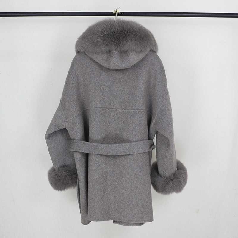 OFTBUY Real Fur Coat Winter Jacket Women Natural Fox Fur Collar Cuffs Hood Cashmere Wool Woolen Oversize Ladies Outerwear 201222