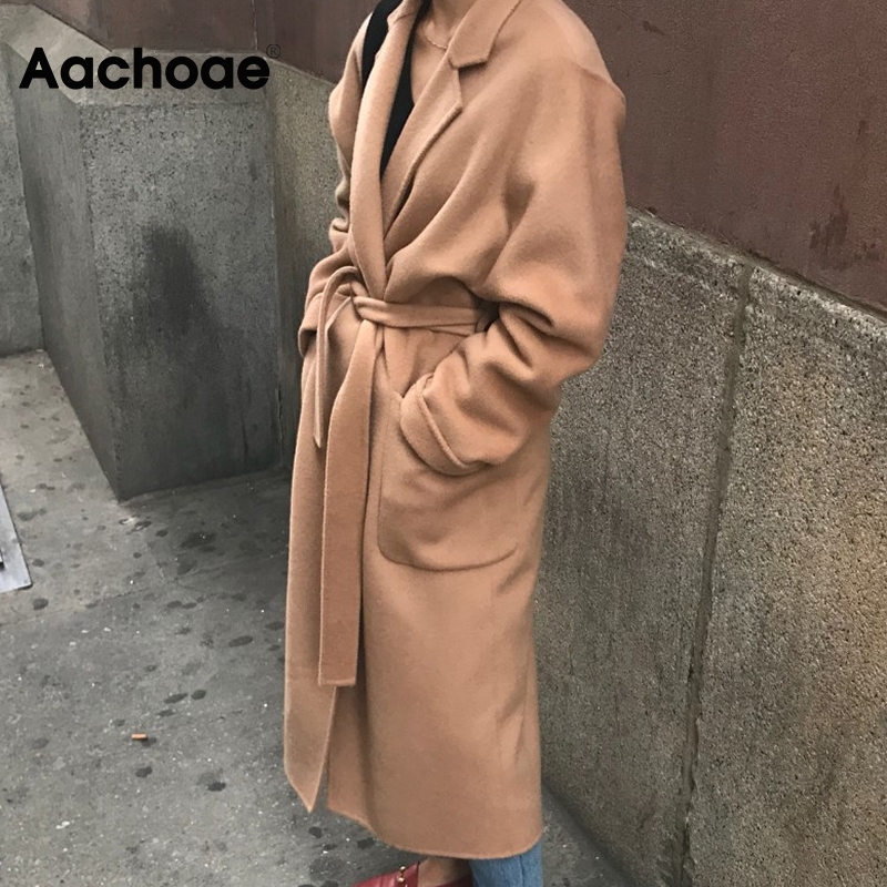 Aachoae Lady Solid Long Wool Coat Batwing Long Sleeve Elegant Office Jacket Female Turn Down Collar Casual Coat Women 201222