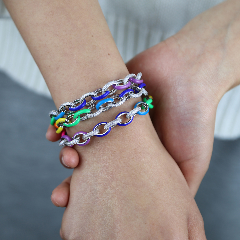 2021 New Arrived Fashion Women Jewelry Micro Pave CZ Neon Enamel 8MM Rolo Link Chain Bracelet