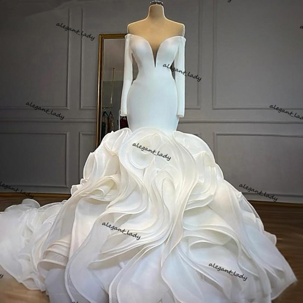 Stain Mermaid Wedding Dresses Off Shoulder Long Sleeves Cascading Ruffles Sweep Train trumpet Wedding Gowns vestido de novia