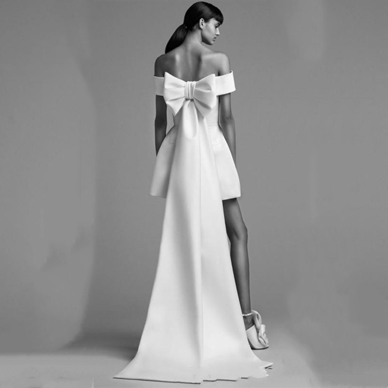 Sexy Short Jumpsuit Wedding Dress Stain Long Train Backless Robes De Mariee Off Shoulder Elegant Bride Wedding Gowns Runway Elopement Dresses