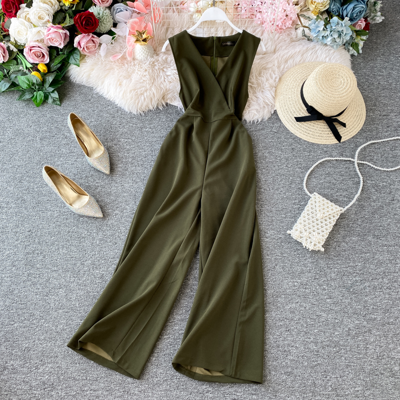 Amolapha Elegant Women V Neck Wide Leg Jumpsuits Sleeveless Woman Casual Solid Romper Clothing T200509