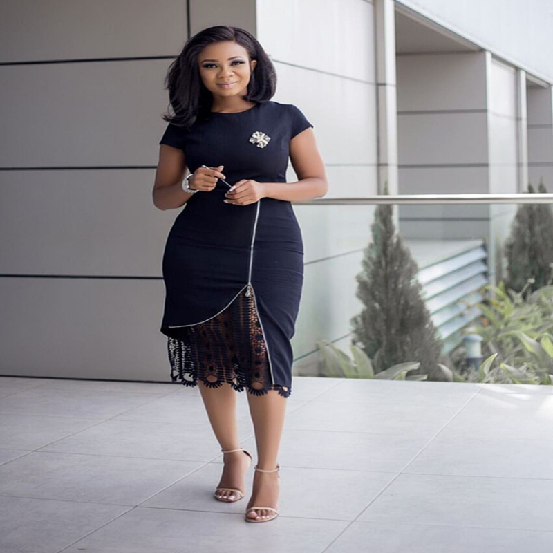 HGTE Women Elegant Dress Summer Short Sleeve O Neck Knee Length Shift Dresses OL Style Work Dress Boutonniere lace dress T200319