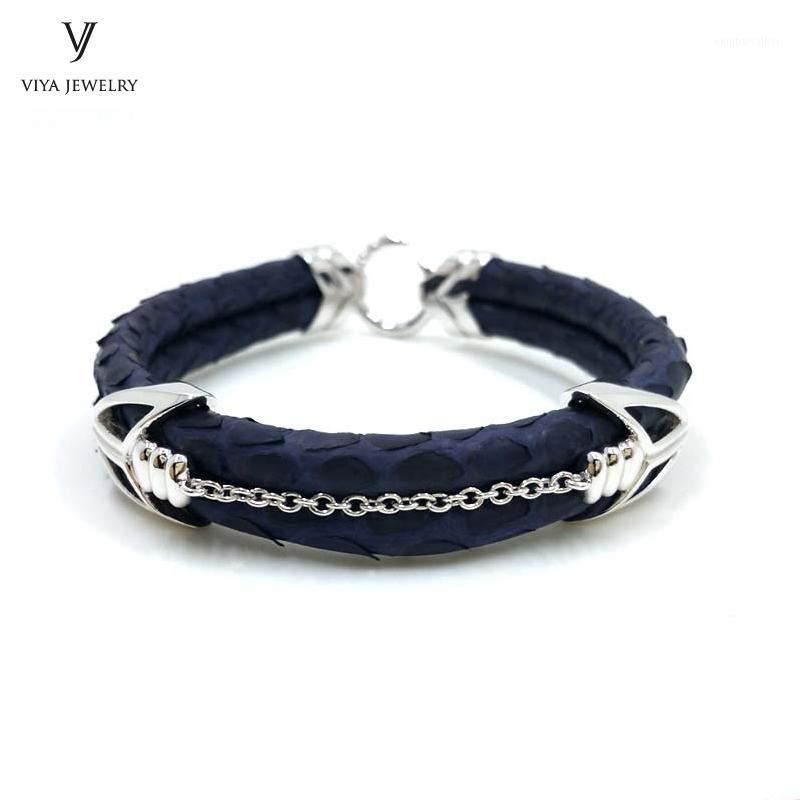 Charm Bracelets Luxury Python Leather Cords Bracelet For Men 925 Sterling Silver Material Classic Arrow Hardware With Navy Blue Python1
