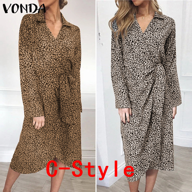 VONDA Women Leopard Dress Vintage Long Sleeve Swing Party Long Dress Autumn Casual Loose Vestidos Plus Size Sundress S5XL T200416