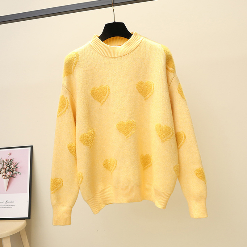 TIGENA Heart Pattern Knit Pullover Sweater Women Jumper 2019 Winter Korean Kawaii Cute Long Sleeve Fluffy Sweater Female Yellow LY191210