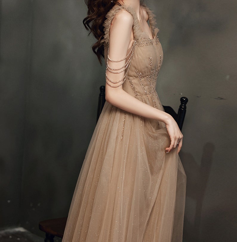 Evening Dresses Beaded Square Neck A Line Prom Dress Party Wear Floor Length Custom Made Formal Gowns