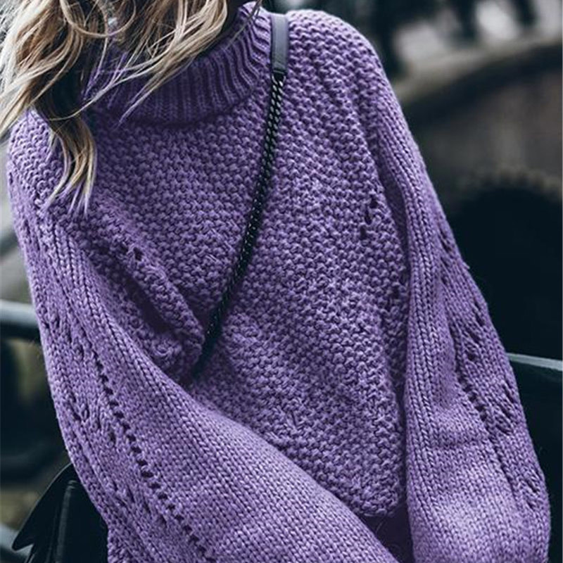 Turtleneck Hollow Out Knit Women's Sweater Pullover Winter Solid Lantern Sleeve Jumper For Women Crochet Female Sweaters 201017