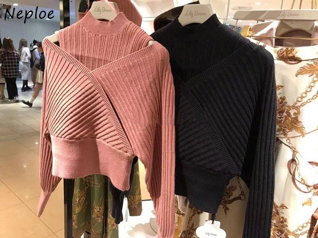 Neploe Chic Sexy Cross Shoulder Strapless Knitted Tops Women Fashion Slim Waist Pullovers Autumn Solid Color Sweaters 201017