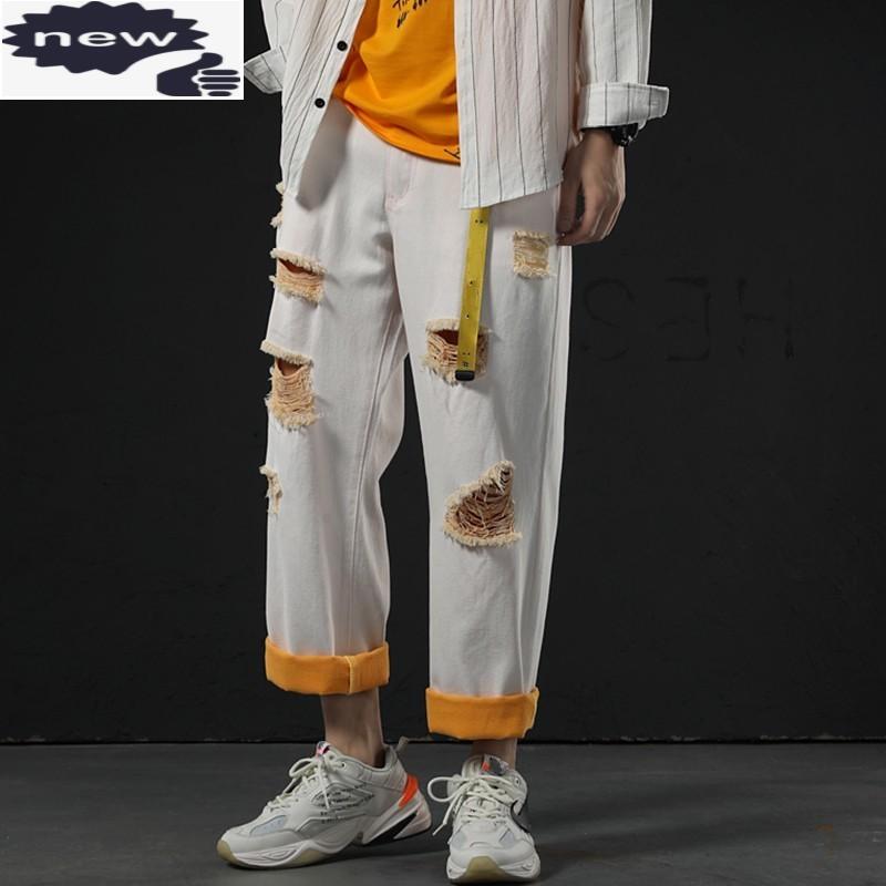 New Fashion Mens Straight Wide Leg Hole Ripped White Jeans Man BF Casual Hip Hop Loose Fit Denim Ankle Length Harem Pants, White yellow
New Fashion Mens Straight Wide Leg Hole Ripped White Jeans Man BF Casual Hip Hop Loose Fit Denim Ankle Length Harem Pants, White yellow