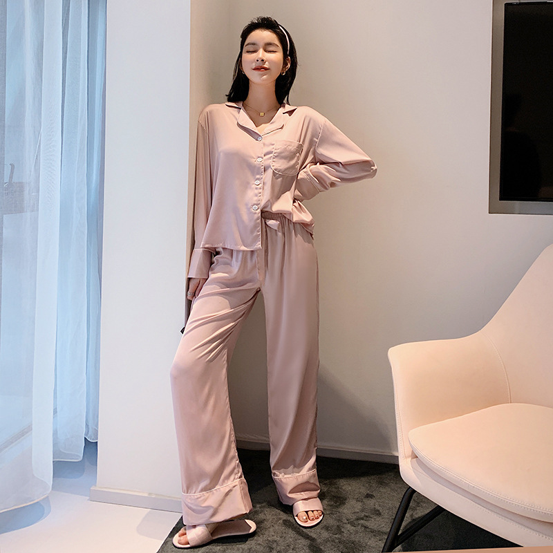 Pajama Set Silk Home Suit Solid color Pyjamas Women Long Sleeve Turn-down Collar Womens Pijama Mujer Home Clothing 210203