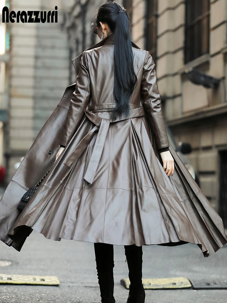 Nerazzurri Autumn long leather trench coat for women belt long sleeve skirted faux leather coat women plus size fashion 2020 LJ201127