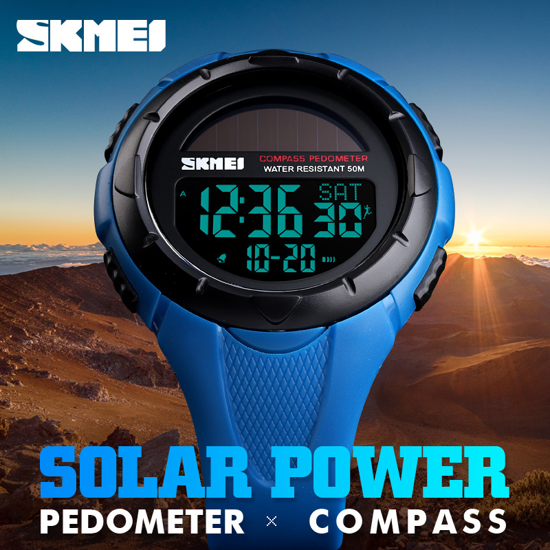 SKMEI Compass Solar Watches Mens Pedometer Calories Wristwatches Men Digital Outdoor Sport Alarm Hour Chrono reloj hombre 1488 210203