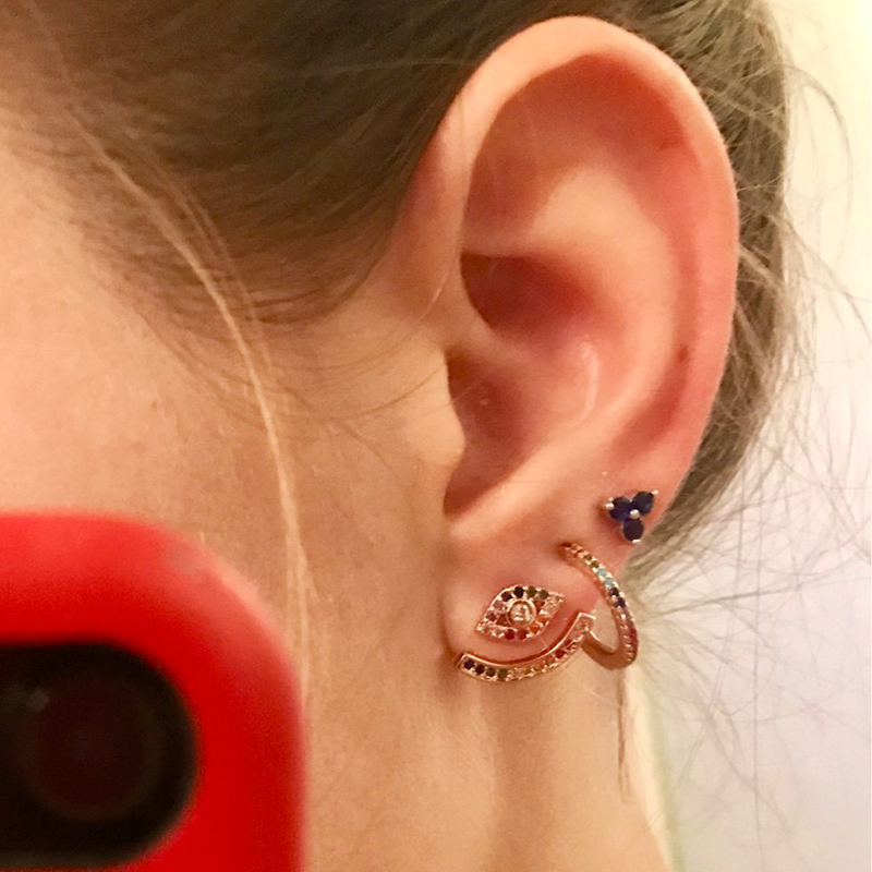 lucky evil eye charm Gold silver plated 925 sterling silver rainbow colorful cz paved bright silver eye stud earring