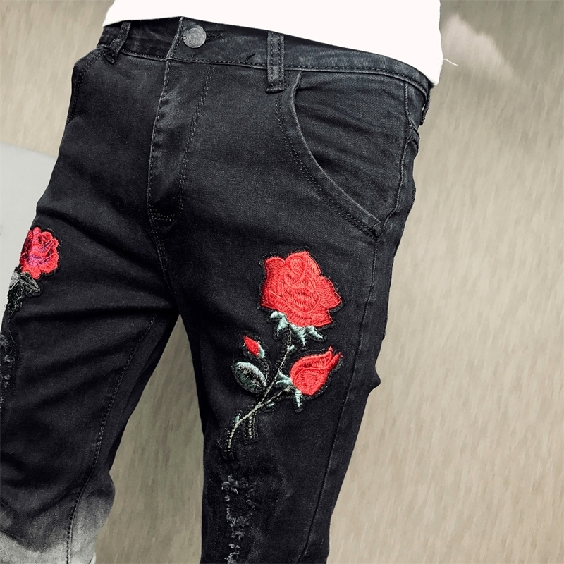 Summer New Skinny Jeans Men Fashion Flower Embroidery Men Jeans Casual Slim Fit Black Hip Hop Denim Pants Men Trousers 34 201111