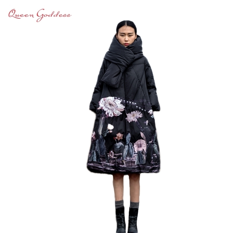 Winter Jackets Women 90% White Duck Down Print colourful Parkas with Hooded Coats Long Down Warm Casual Snow Outwear T200102